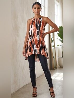 Michael Kors Abstract Brushstroke Tank Dress in Orange, Black & White